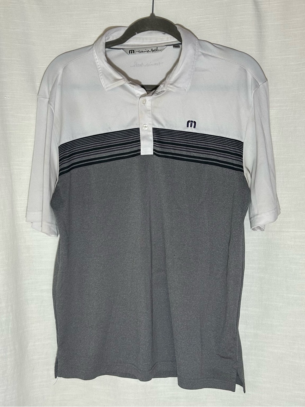 Travis Mathew White & Gray Striped Chest Heritage Oaks Golf Club Polo